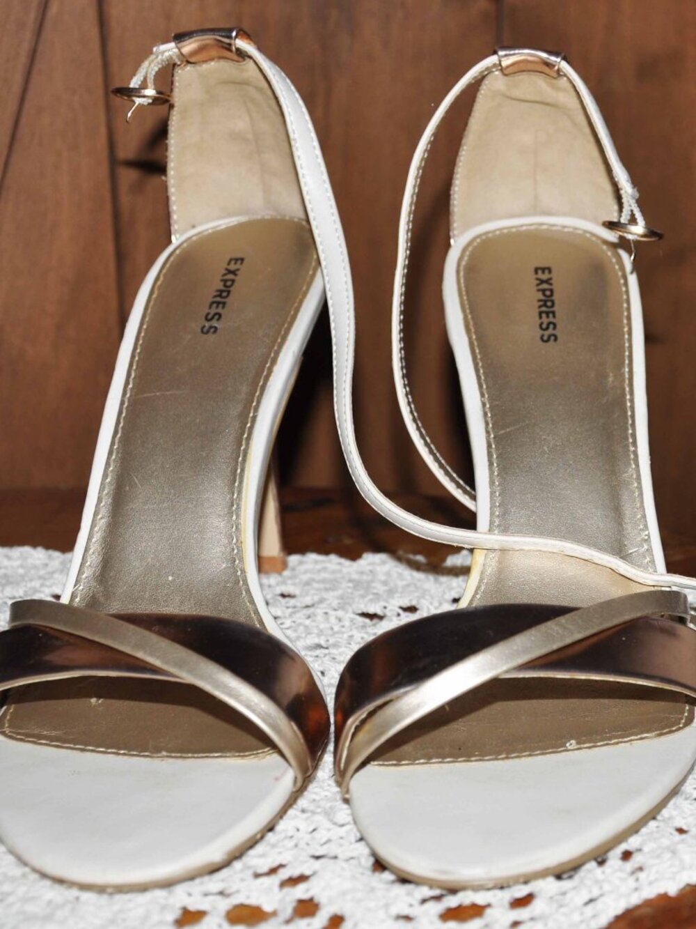 Express Gold & White Strappy Sandal Metallic Stiletto Adjustable Strap Heels